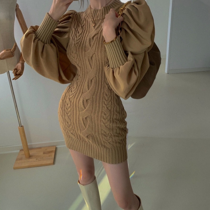快手网红周周同款复古泡泡长袖针织连衣裙修身...