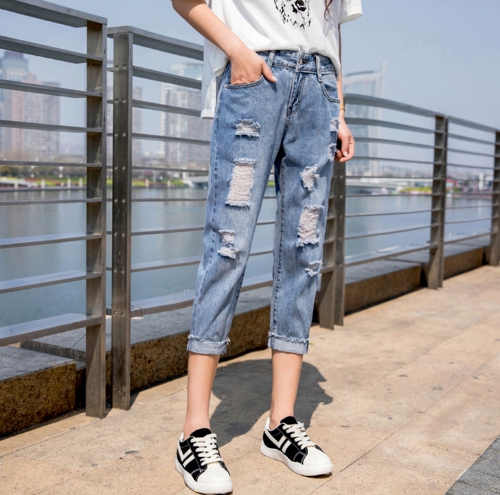 破洞九分牛仔裤女夏直筒宽松薄款小个子哈伦裤