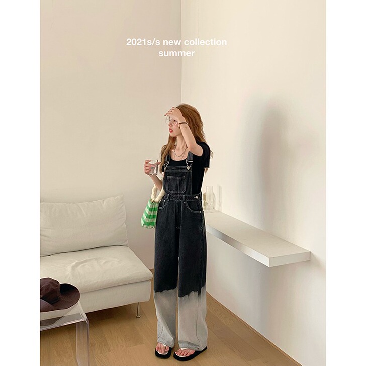渐变背带牛仔裤女2021年夏季新款宽松直筒...