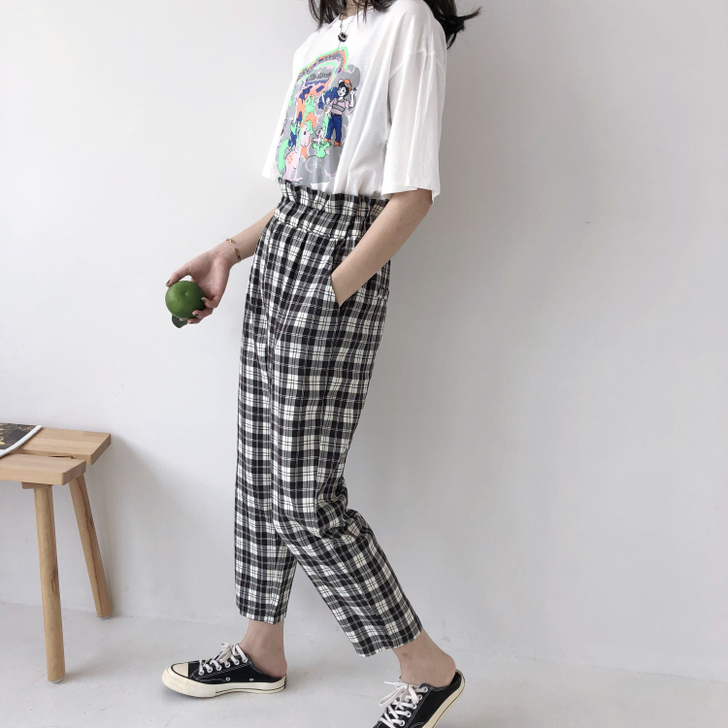 18366#百搭气质款拼色松紧高腰花苞格子...