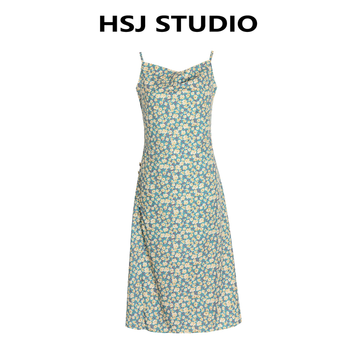 法式复古茶歇裙吊带碎花裙开叉显瘦连衣裙