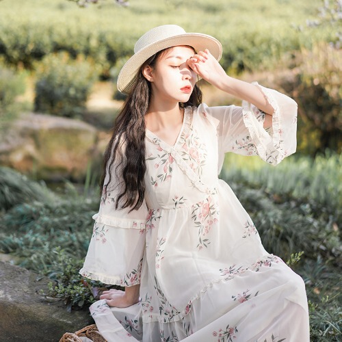春夏新款文艺小清新法式复古木耳边雪纺碎花#...