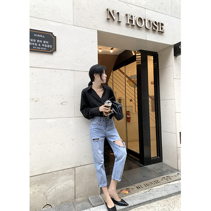 破洞毛边牛仔哈伦裤女港风百搭休闲九分萝卜裤...