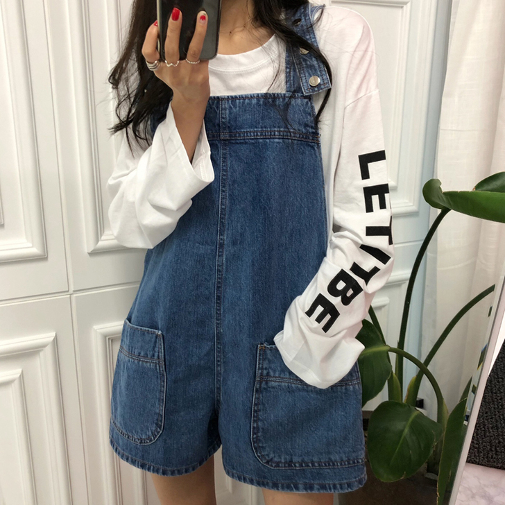 牛仔休闲背带阔腿短裤女夏2018新品韩版款...