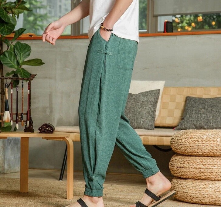 夏季冰丝裤男薄款速干哈伦裤中国风复古束脚盘...