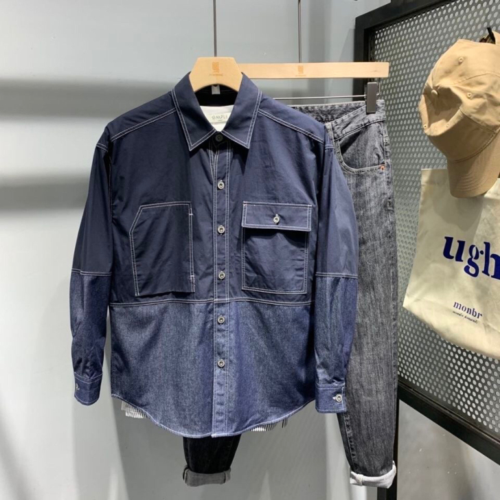 秋季新款男士休闲长袖衬衫时尚潮流帅气牛仔拼...