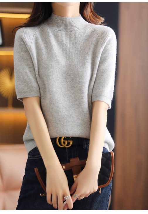 气质修身短袖半高领羊绒衫女套头毛衣短款秋季...