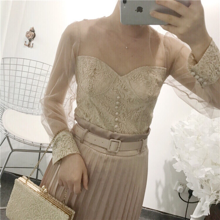 秋冬气质复古仙气性感网纱蕾丝衫抹胸打底衫上衣