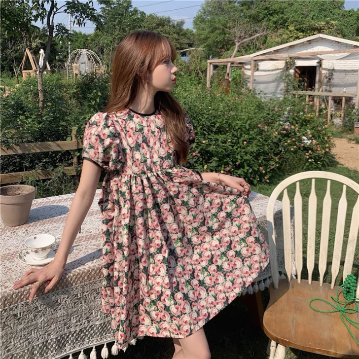 夏季元气甜美复古法式泡泡袖花朵长/短连衣裙