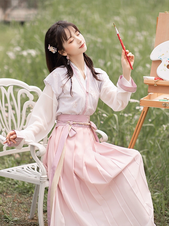 池夏 琼花:玉蕊 唐背子短衫褶裙原创改良汉...