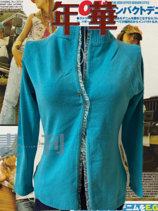 vintage复古蓝毛衣开衫 蕾丝花边昭和...