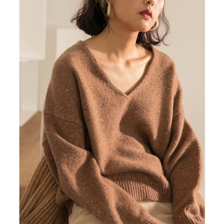 慵懒风复古V领套头羊毛针织衫显瘦韩版ins...