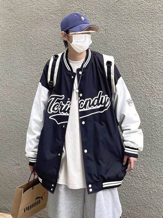春秋美式潮牌拼色棒球夹克外套情侣ins潮流...