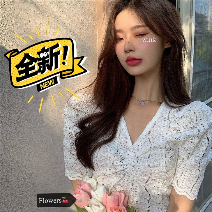 2021春季新款法式复古泡泡短袖蕾丝衫女温...