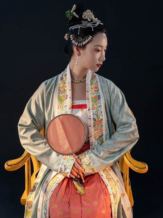 重回汉唐绿松长袄直领对襟长衫褙子外套复原款...