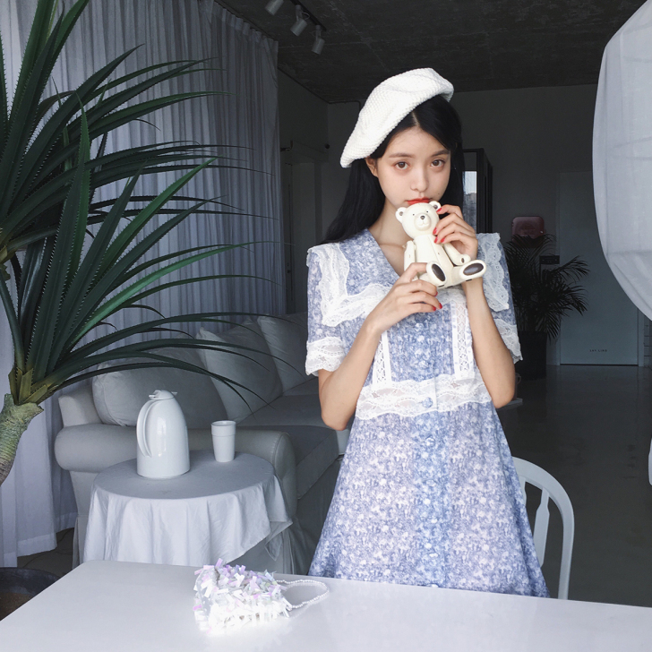 范智乔 雪纺蕾丝拼接连衣裙女夏2017新款...