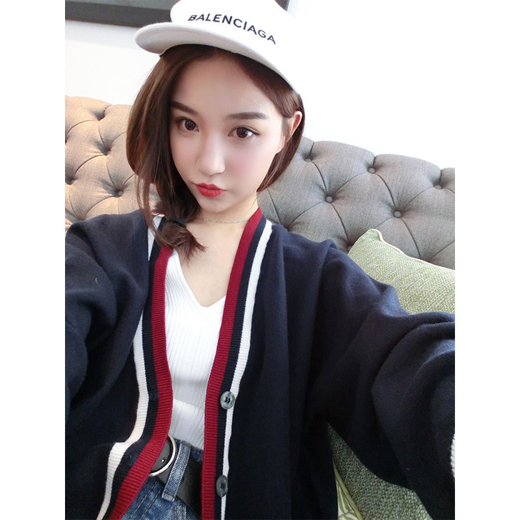 2017春季新款韩版宽松撞色条纹v领针织衫...