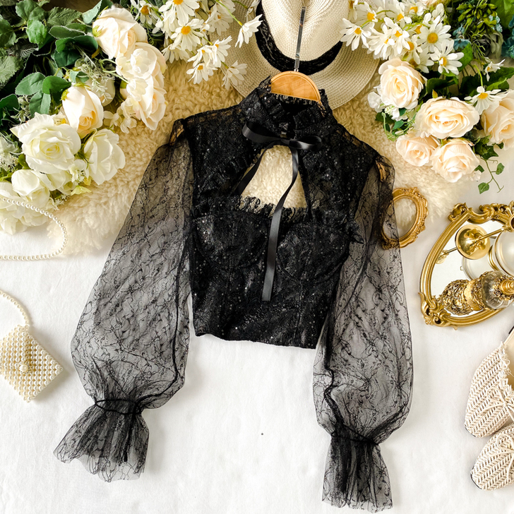 韩版温柔风复古蕾丝衫小心机V领透视网纱泡泡...