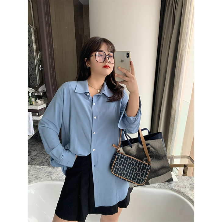 大码女装胖妹妹mm气质蓝色衬衫长袖秋季20...