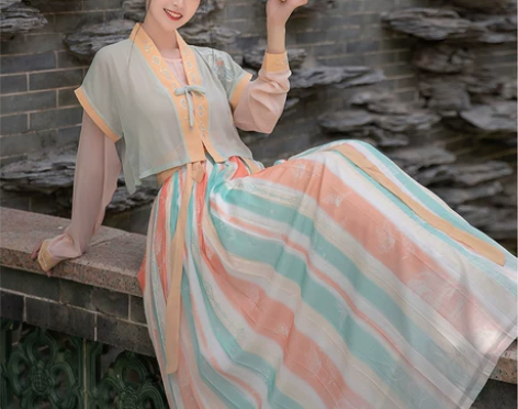 九曲阑珊原创梦蝶唐制褙子圆领短衫齐腰褶裙三...