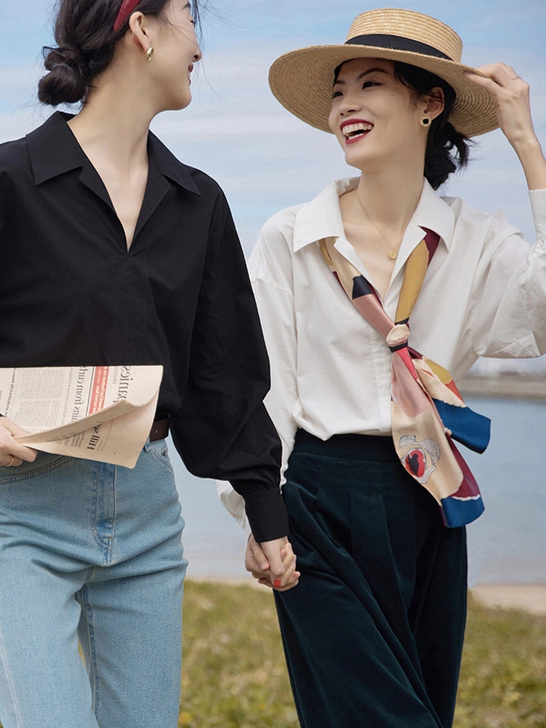 白色黑色衬衫女装新款2021年设计感小众衬...