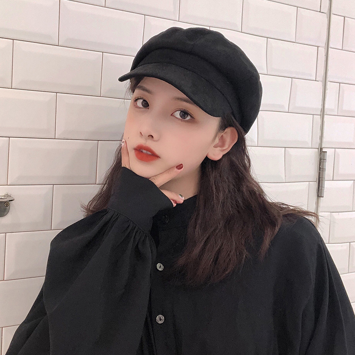ins八角帽女秋冬贝雷帽韩版百搭英伦复古报...