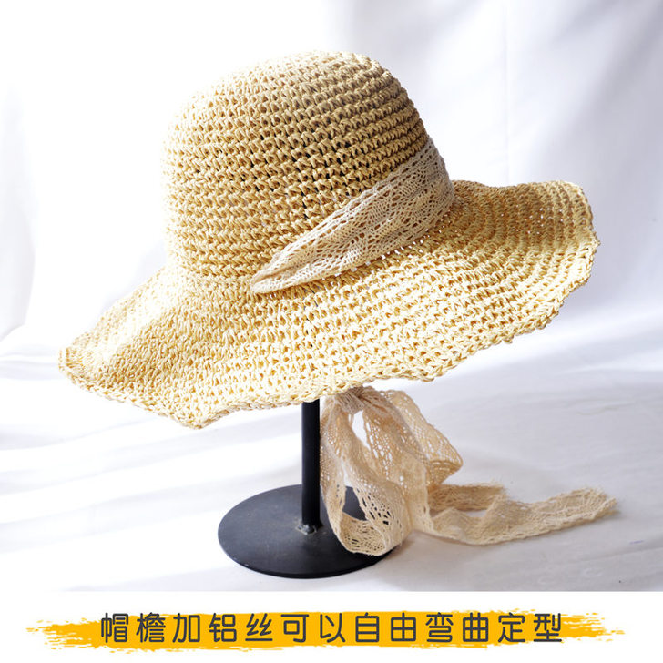 网红蕾丝系带草帽女渔夫帽夏小清新韩版日系百...
