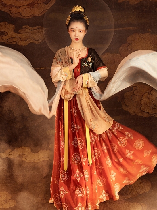重回汉唐汉服女月挽衣坦领襦裙