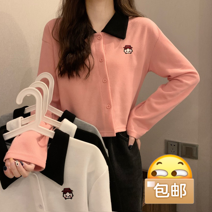 撞色Polo领长袖T恤女春秋季2021新款...
