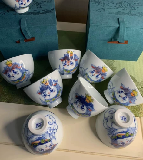 景德镇墨舍阅贤斋青花手绘，手工拉胚品茗杯，...