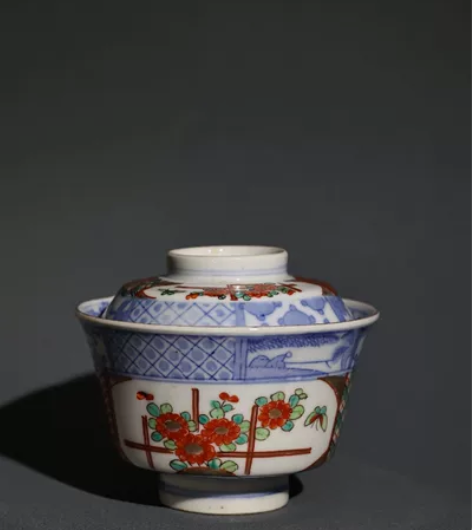 日瓷回流，老肥前青花加彩内外绘老盖碗，全品...