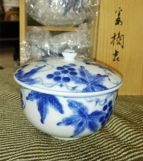 平安桔吉青花满工葡萄纹五客碗 全新全美品带...