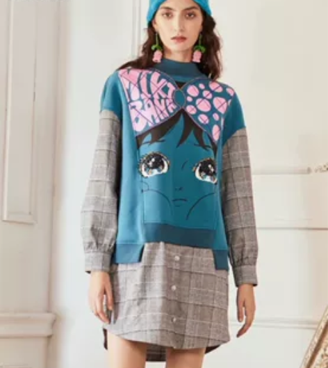 MIKIBANA假两件拼接格纹连衣裙减龄印...