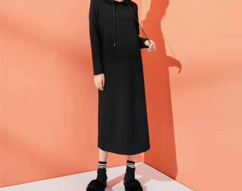 诗曼朵2018秋冬新款纯色连帽卫衣中长款加...