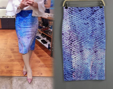 ?夏季百搭美人鱼鳞印花高腰中长款性感后开叉...