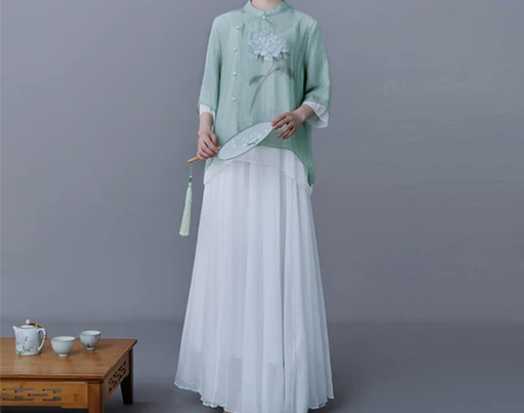 中国风复古文艺棉麻上衣女雪纺半身裙改良汉服...