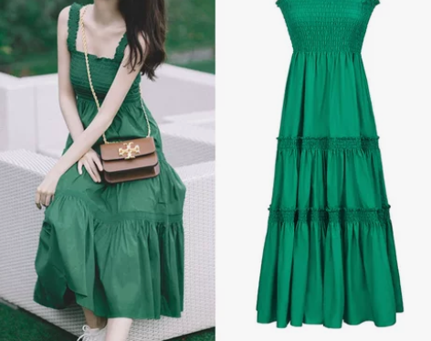 古力娜扎同款绿色性感吊带连衣裙2022年夏...