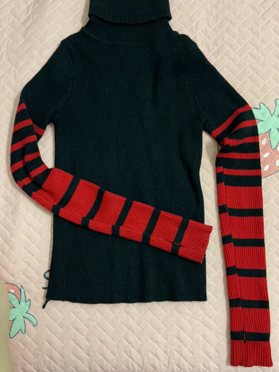 欧美风修身显瘦短款高领针织衫露指条纹长袖百...