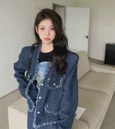 实拍复古港风牛仔褶皱流苏小香风V领外套+修...