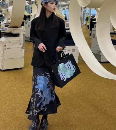 自制设计感新中式裙子女黑色tiger竹叶印...