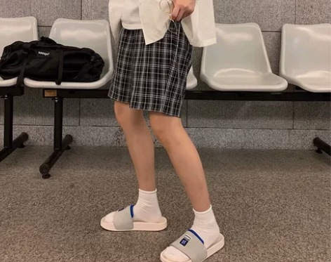 夏季港风男士格子短裤男五分裤宽松直筒休闲男...