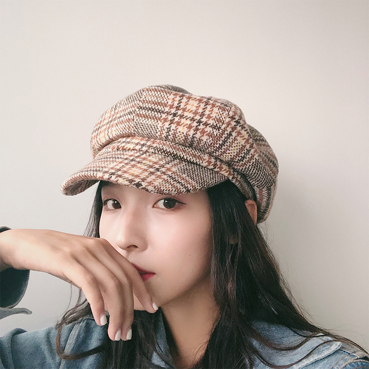 秋冬季格子贝雷帽女韩版日系百搭海军网红画家...