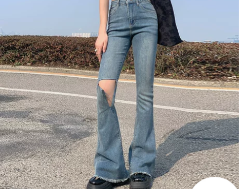 OROI高腰显瘦牛仔裤女修身高个子复古喇叭...