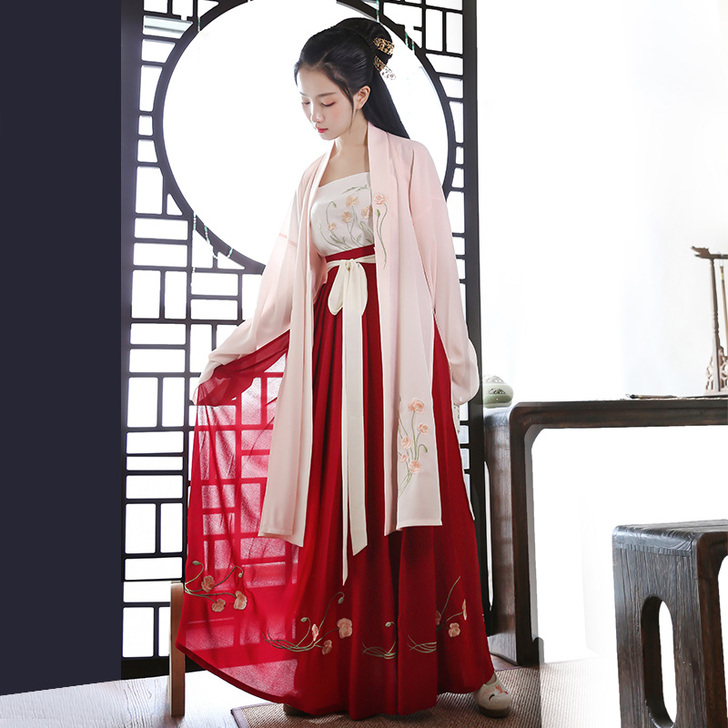 重回汉唐虞美人汉服女中国风长褙子吊带齐腰裙...