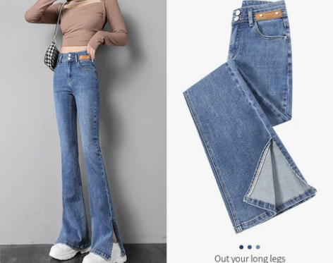 2022年春季新款微喇叭侧开叉牛仔裤女时尚...