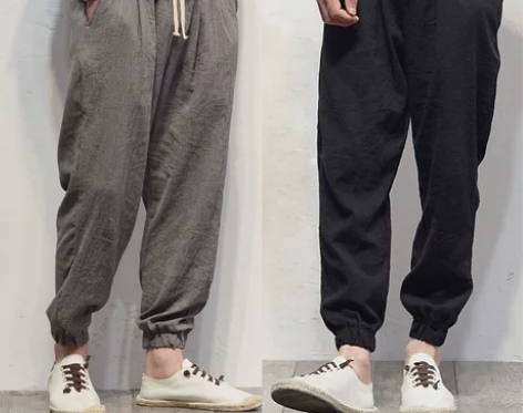 亚麻休闲裤中国风宽松运动裤束脚棉麻裤大码男...