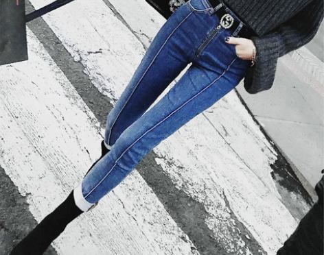 13宜复古浅蓝色高腰牛仔裤女冬季小脚裤长裤...