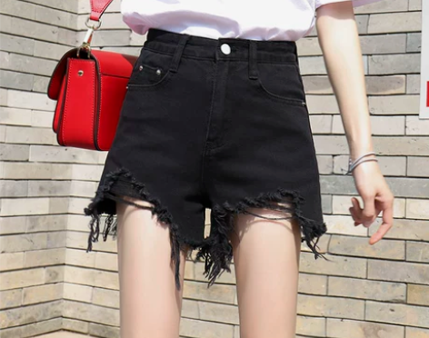 高腰黑色破洞牛仔短裤女夏季宽松阔腿泫… 感...