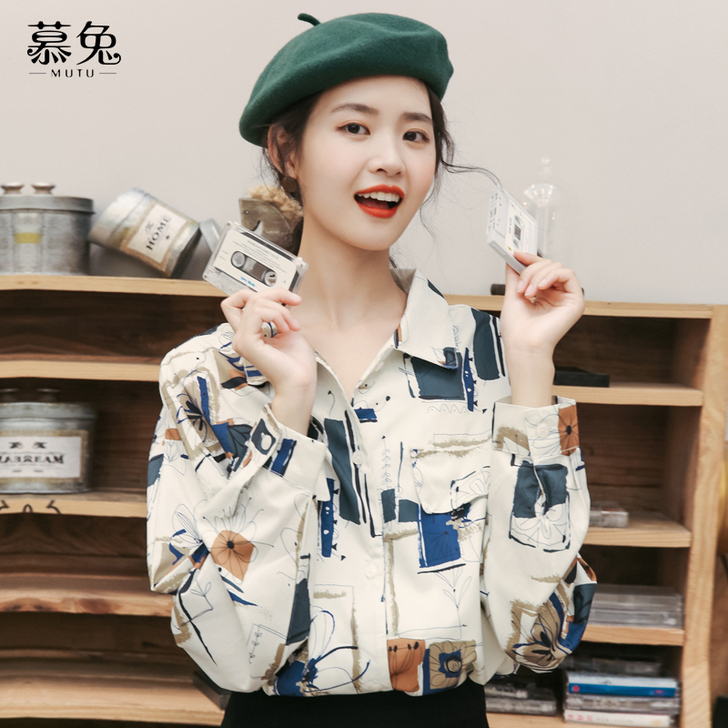 慕兔复古港味衬衫女春秋2021新款韩版宽松...