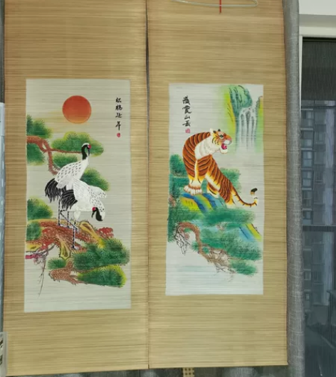 八十年代出口创汇竹编刺绣画挂帘 松鹤延年3...